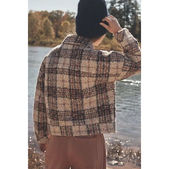 Greylin Anthropologie Fuzzy Plaid Cropped Shacket Jacket Women's M - Brown Multi - Picture 3 of 15